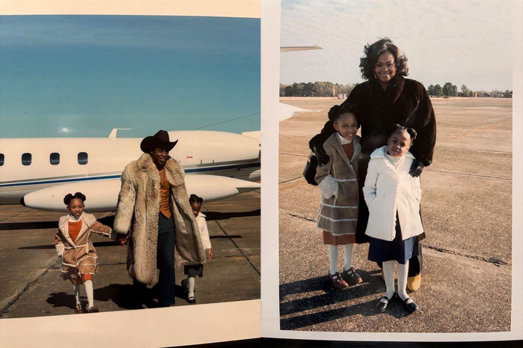 Two photos showing two children dressed in vintage clothing at an airport with adults